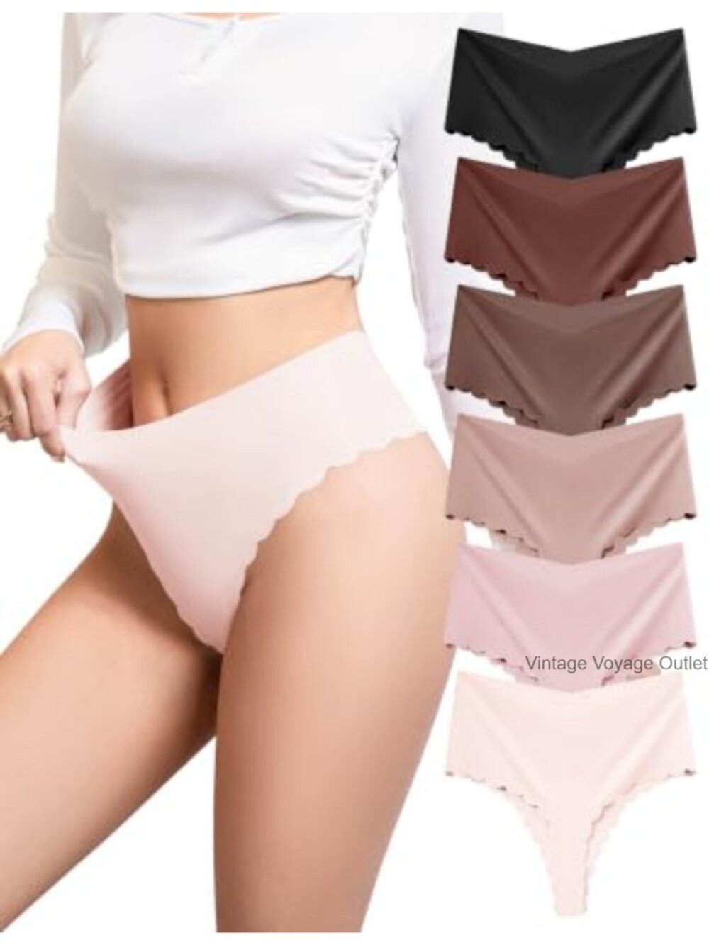 Seamless V-Waist High Rise Thong Nylon Spandex No Show Underwear Women